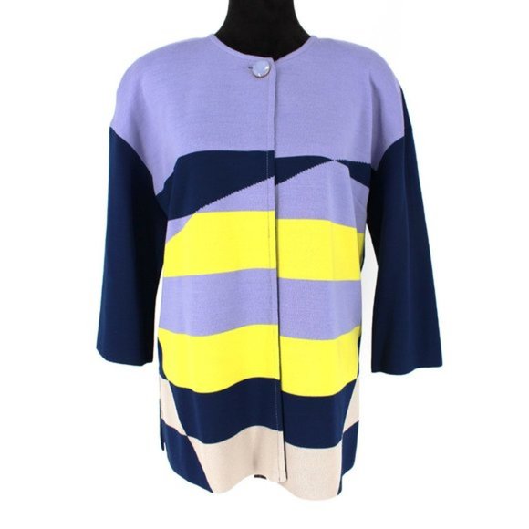 St. John Wool Blend Sweater Knit Color Block Stripe Cardigan Blazer Medium M - Picture 2 of 9
